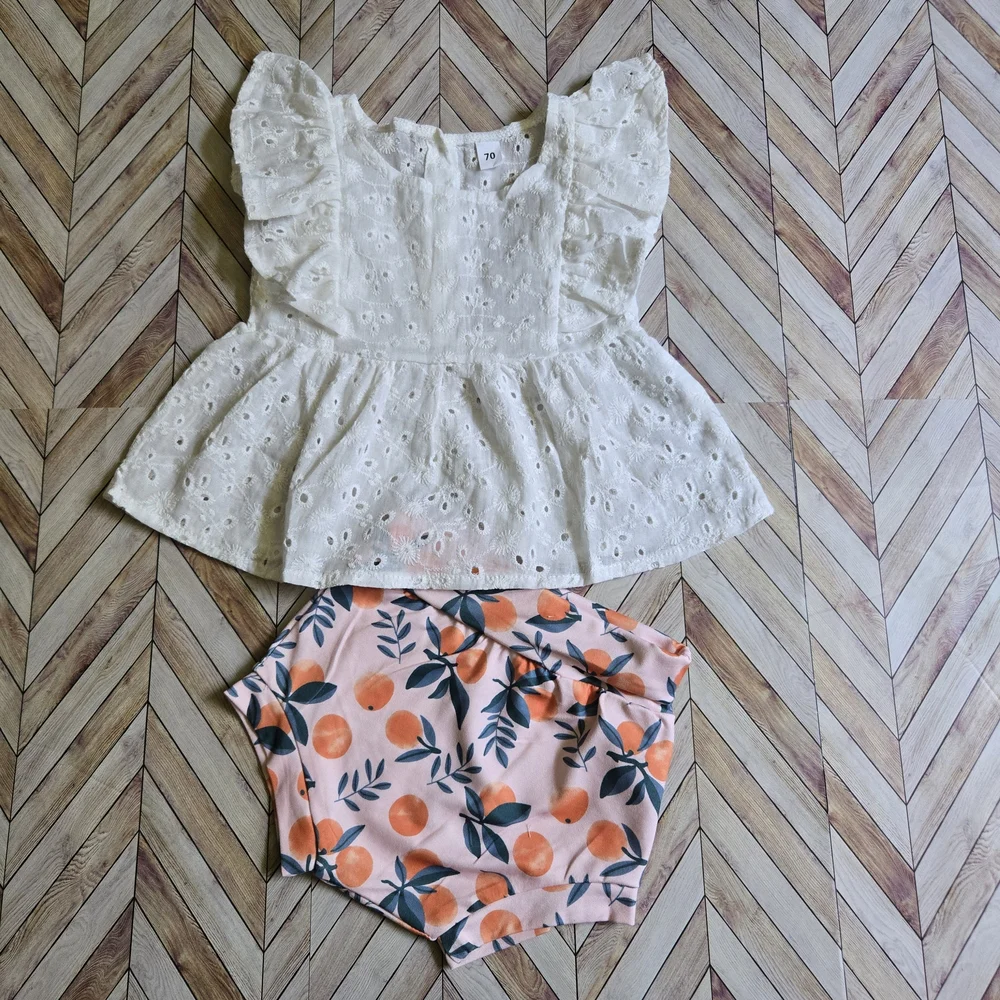 ​Toddler Girl Peach Print Bloomer Set Ruffle Eyelet Tunic Top & Summer Shorts 3T